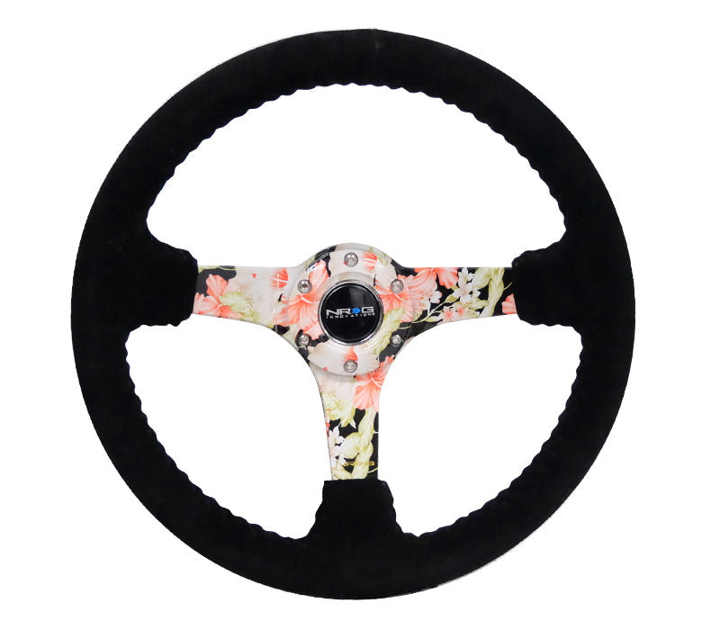 NRG Innovations - Reinforced Series Steering Wheel - Black Suede w/Black Stitching - Floral Solid Spokes - NextGen Tuning