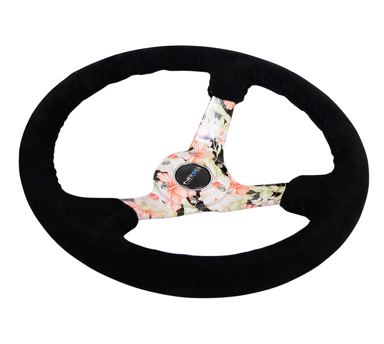 NRG Innovations - Reinforced Series Steering Wheel - Black Suede w/Black Stitching - Floral Solid Spokes - NextGen Tuning