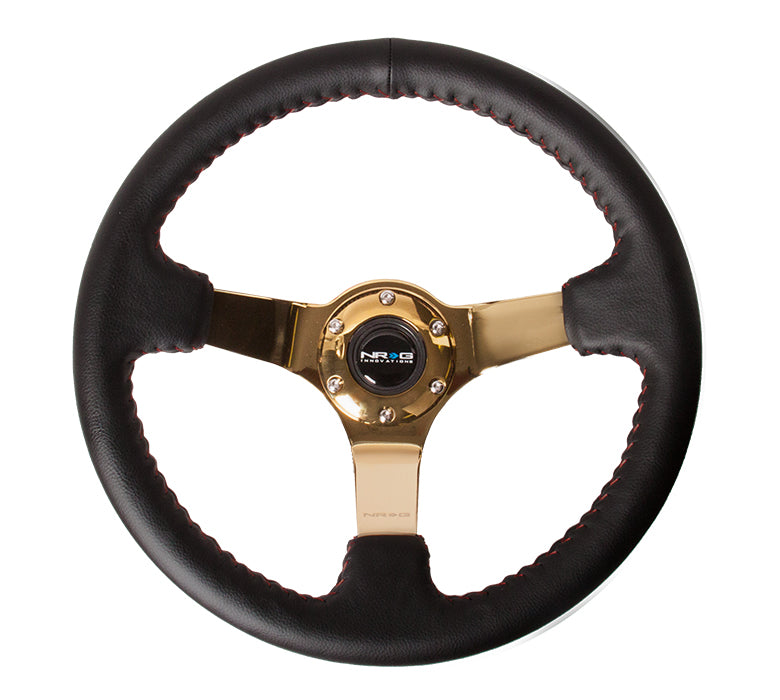 NRG Innovations - Reinforced Series Steering Wheel - Black Leather w/Red Stitching - Gold Solid Spokes - NextGen Tuning