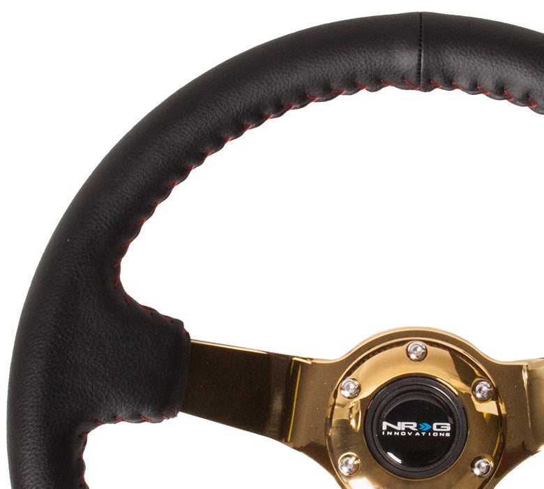 NRG Innovations - Reinforced Series Steering Wheel - Black Leather w/Red Stitching - Gold Solid Spokes - NextGen Tuning