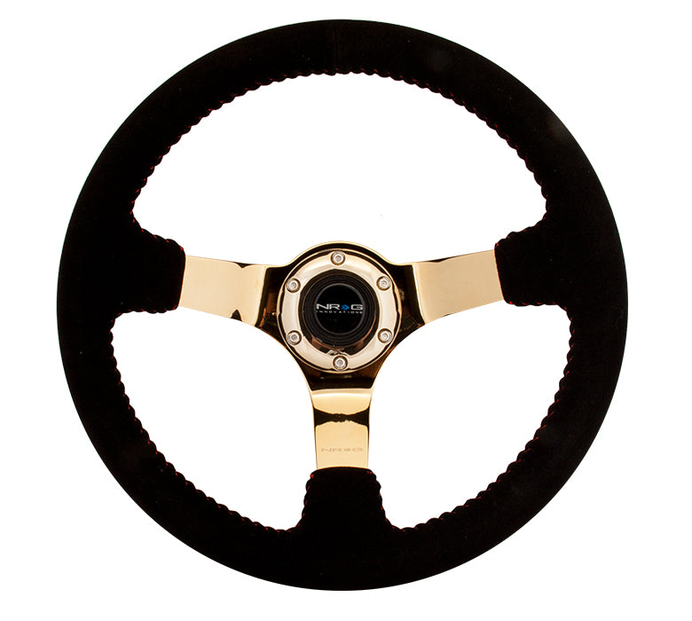 NRG Innovations - Reinforced Series Steering Wheel - Black Suede w/Red Stitching - Gold Solid Spokes - NextGen Tuning