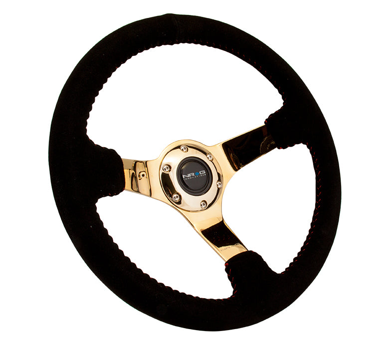 NRG Innovations - Reinforced Series Steering Wheel - Black Suede w/Red Stitching - Gold Solid Spokes - NextGen Tuning