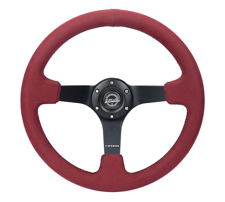 NRG Innovations - Reinforced Series Steering Wheel - Burgundy Alcantara w/Black Stitching - Black Solid Spokes - NextGen Tuning