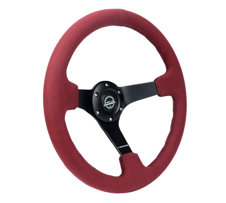 NRG Innovations - Reinforced Series Steering Wheel - Burgundy Alcantara w/Black Stitching - Black Solid Spokes - NextGen Tuning
