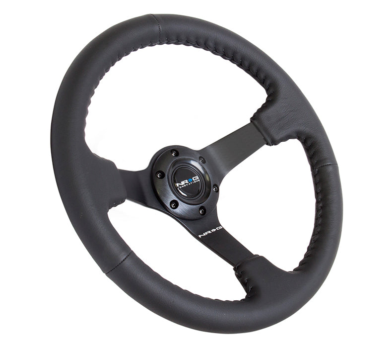 NRG Innovations - Reinforced Series Steering Wheel - Black Leather w/Black Stitching - Black Solid Spokes - NextGen Tuning