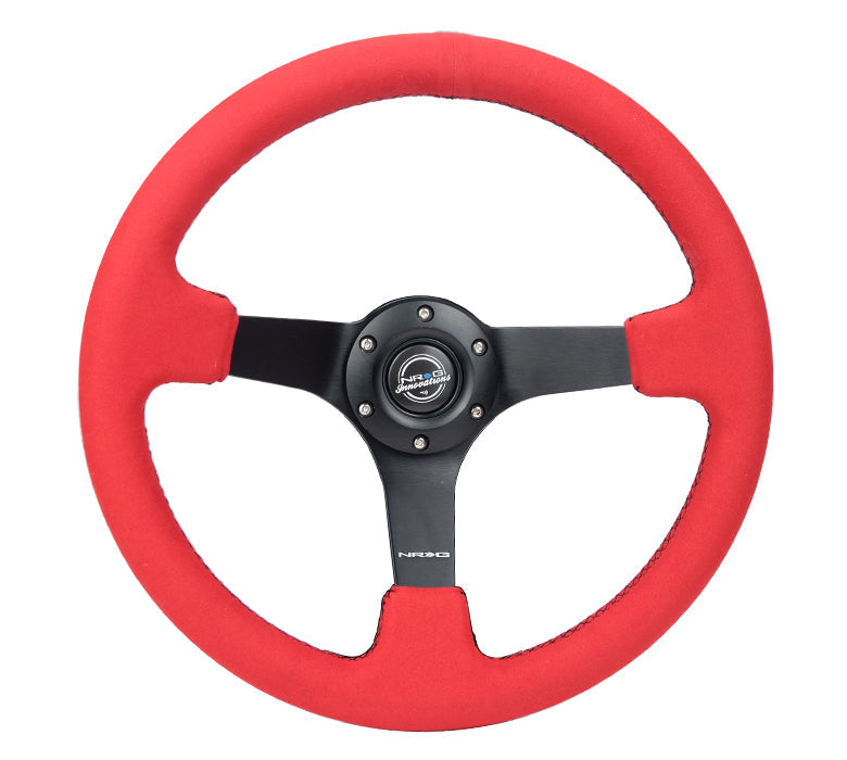 NRG Innovations - Reinforced Series Steering Wheel - Red Alcantara w/Black Stitching - Black Solid Spokes - NextGen Tuning