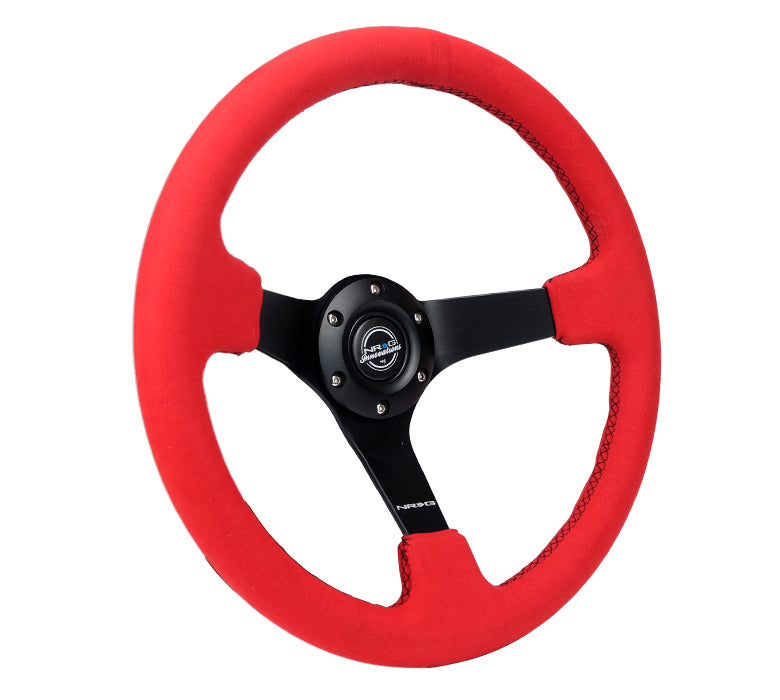 NRG Innovations - Reinforced Series Steering Wheel - Red Alcantara w/Black Stitching - Black Solid Spokes - NextGen Tuning