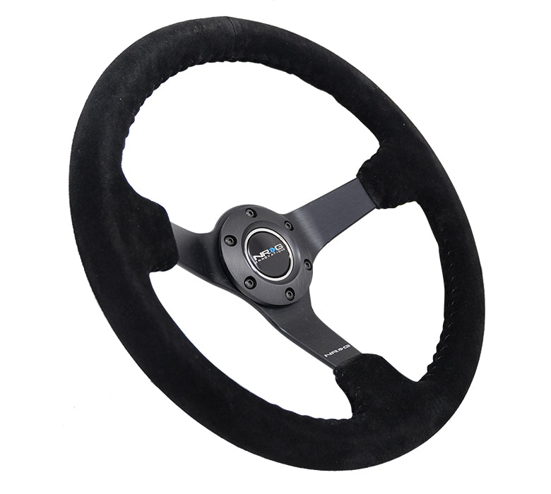 NRG Innovations - Reinforced Series Steering Wheel - Black Suede w/Black Stitching - Black Solid Spokes - NextGen Tuning