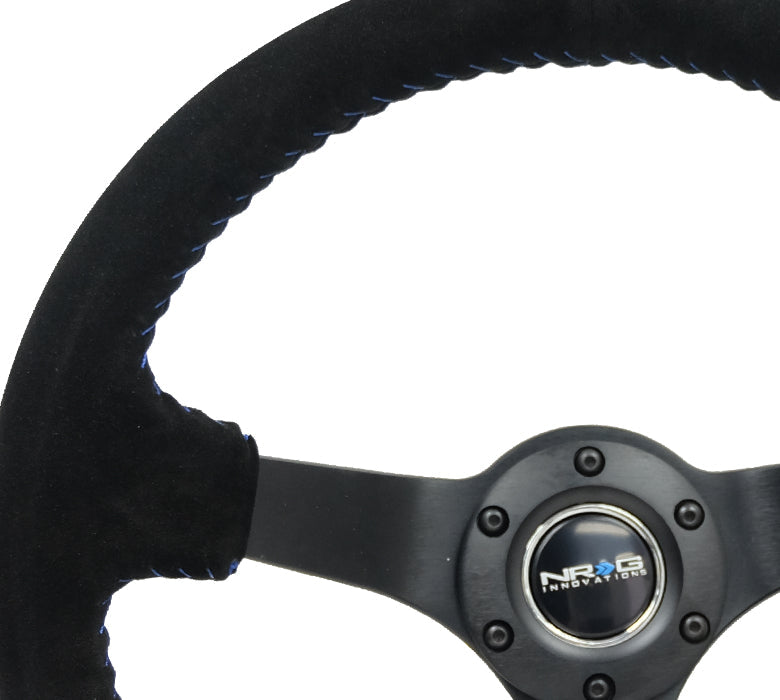 NRG Innovations - Reinforced Series Steering Wheel - Black Suede w/Blue Stitching - Black Solid Spokes - NextGen Tuning