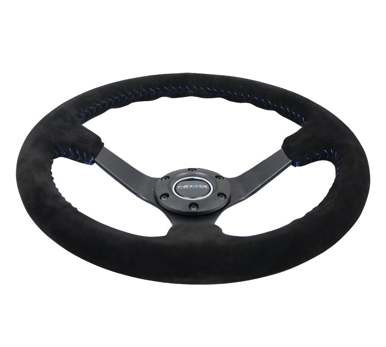 NRG Innovations - Reinforced Series Steering Wheel - Black Suede w/Blue Stitching - Black Solid Spokes - NextGen Tuning