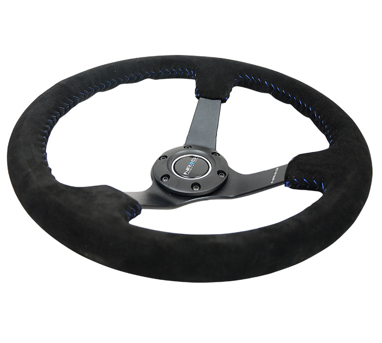 NRG Innovations - Reinforced Series Steering Wheel - Black Suede w/Blue Stitching - Black Solid Spokes - NextGen Tuning