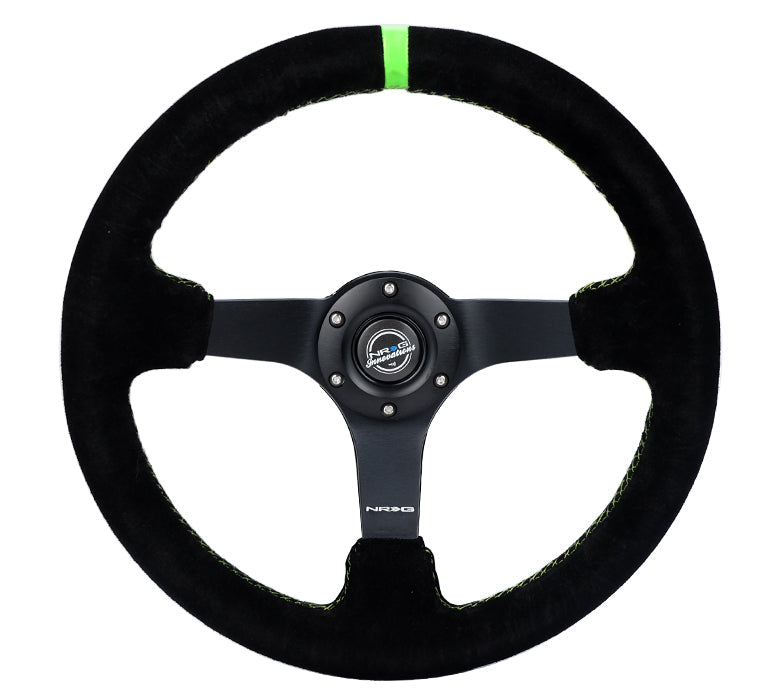 NRG Innovations - Reinforced Series Steering Wheel - Black Suede w/Neon Green Center Mark & Neon Green Stitching - Black Solid Spokes - NextGen Tuning
