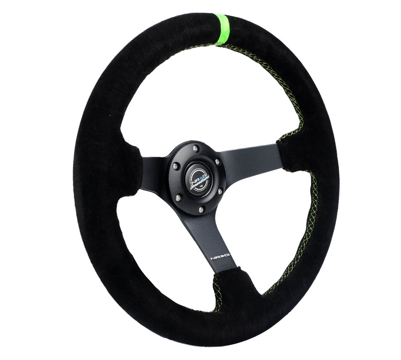 NRG Innovations - Reinforced Series Steering Wheel - Black Suede w/Neon Green Center Mark & Neon Green Stitching - Black Solid Spokes - NextGen Tuning