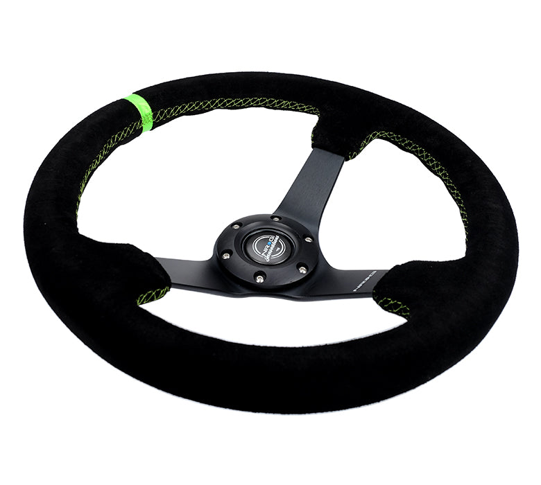 NRG Innovations - Reinforced Series Steering Wheel - Black Suede w/Neon Green Center Mark & Neon Green Stitching - Black Solid Spokes - NextGen Tuning
