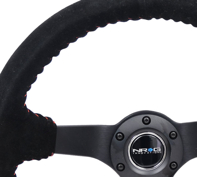NRG Innovations - Reinforced Series Steering Wheel - Black Suede w/Red Stitching - Black Solid Spokes - NextGen Tuning