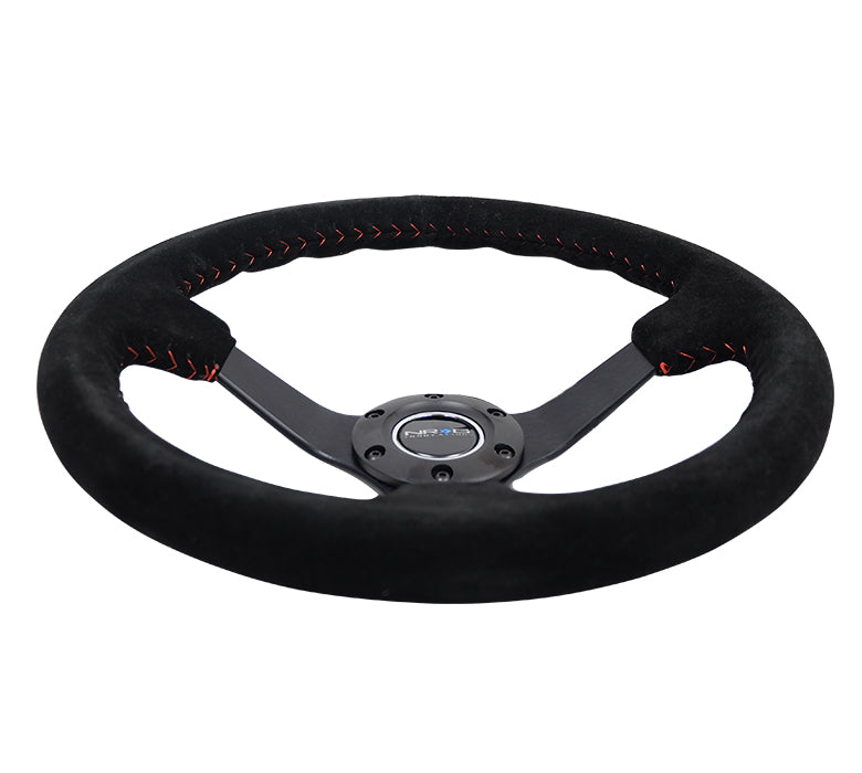NRG Innovations - Reinforced Series Steering Wheel - Black Suede w/Red Stitching - Black Solid Spokes - NextGen Tuning