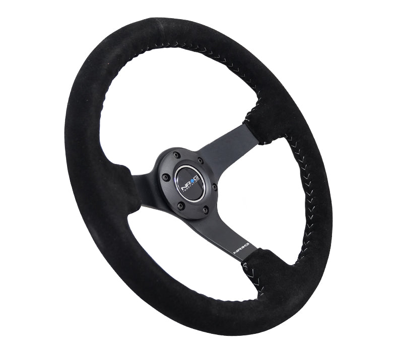 NRG Innovations - Reinforced Series Steering Wheel - Black Suede w/Silver Stitching - Black Solid Spokes - NextGen Tuning
