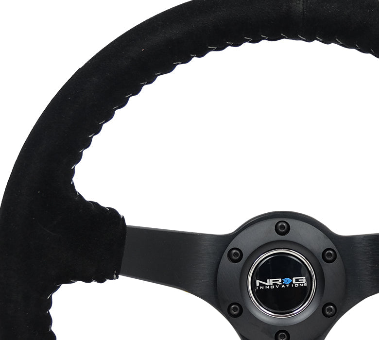 NRG Innovations - Reinforced Series Steering Wheel - Black Suede w/Silver Stitching - Black Solid Spokes - NextGen Tuning