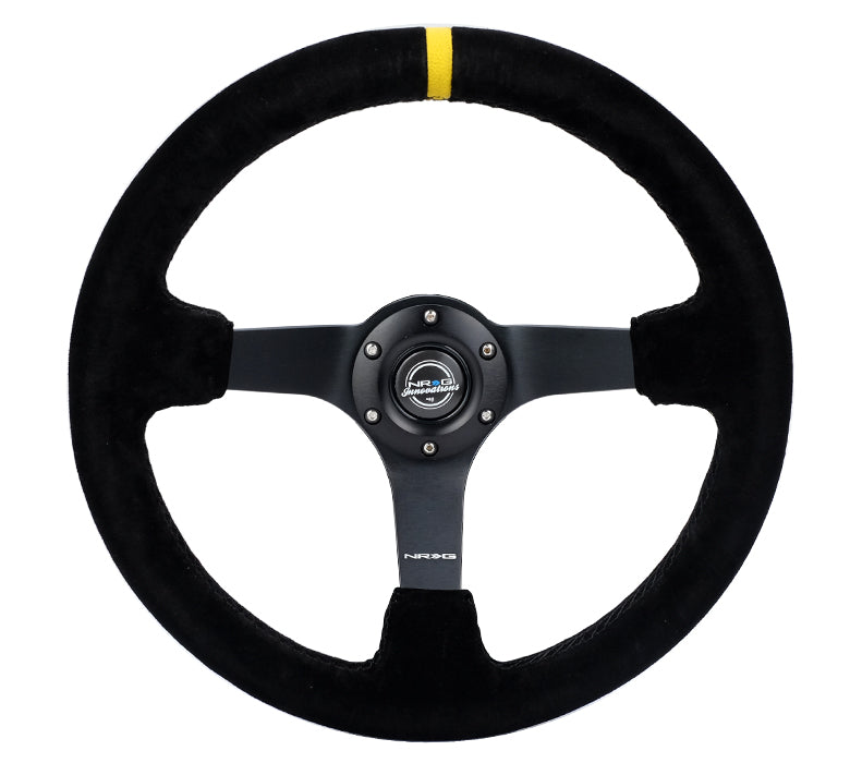 NRG Innovations - Reinforced Series Steering Wheel - Black Suede w/Yellow Center Mark & Black Stitching - Black Solid Spokes - NextGen Tuning