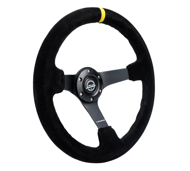 NRG Innovations - Reinforced Series Steering Wheel - Black Suede w/Yellow Center Mark & Black Stitching - Black Solid Spokes - NextGen Tuning