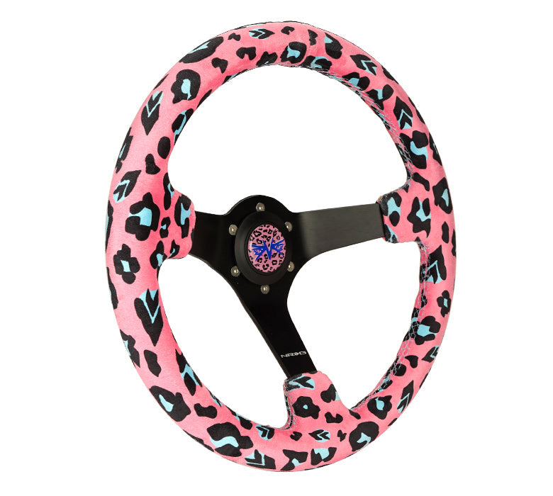 NRG Innovations - Reinforced Series Steering Wheel - SAVAGE Pink Leopard - Black Solid Spokes - NextGen Tuning