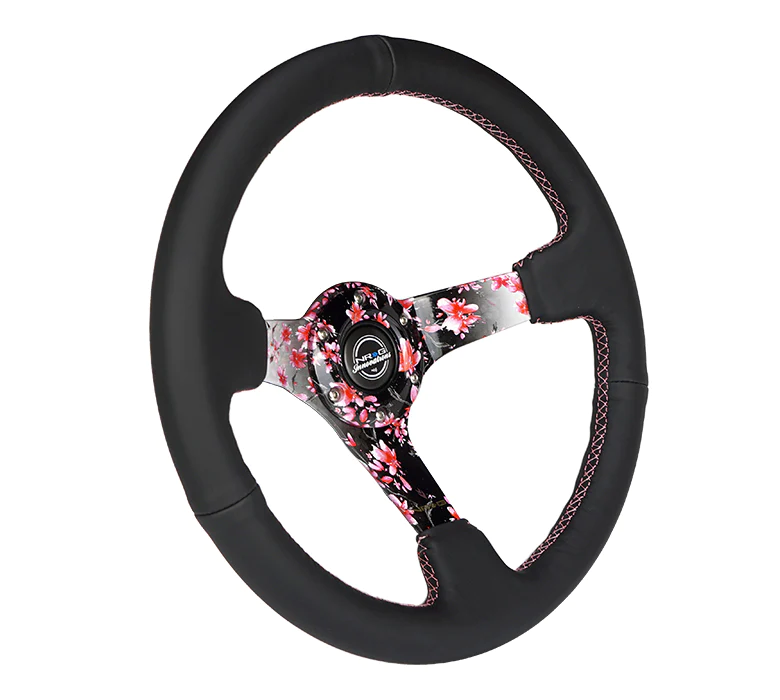 NRG Innovations - Reinforced Series Steering Wheel - Black Leather w/Pink Stitching - Sakura Hydrodipped Solid Spokes - NextGen Tuning