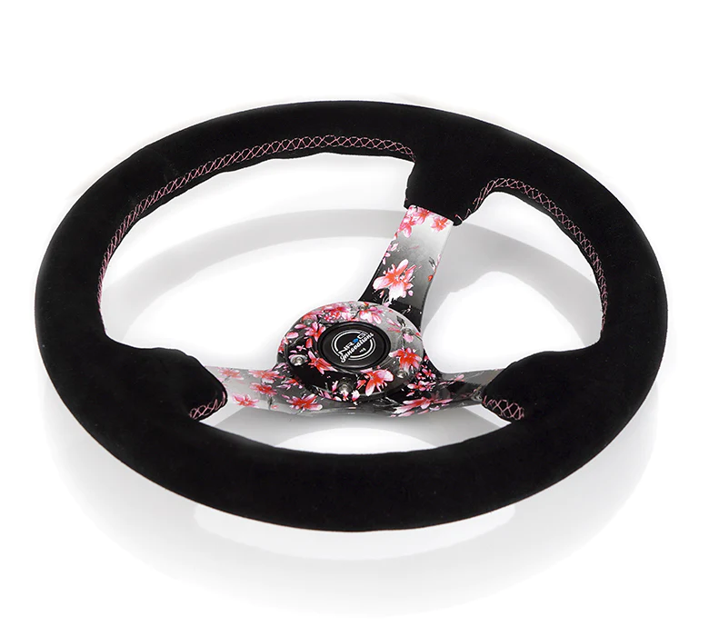 NRG Innovations - Reinforced Series Steering Wheel - Black Suede w/Pink Stitching - Sakura Hydrodipped Solid Spokes - NextGen Tuning