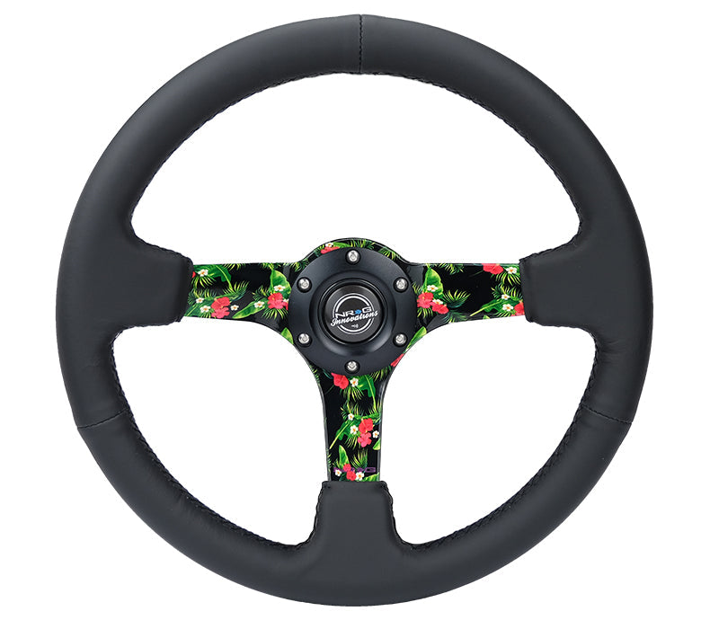 NRG Innovations - Reinforced Series Steering Wheel - Black Leather - Tropical Solid Spokes - NextGen Tuning