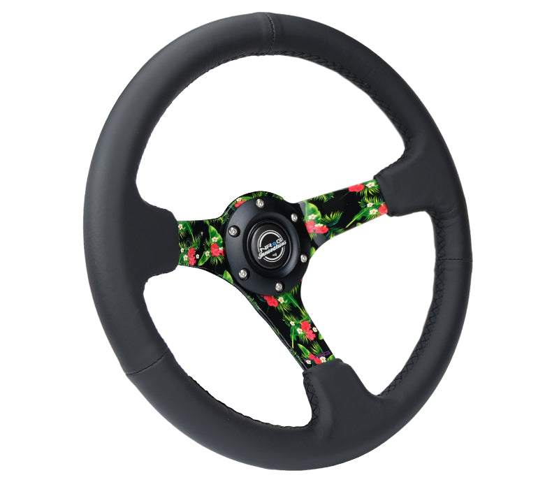 NRG Innovations - Reinforced Series Steering Wheel - Black Leather - Tropical Solid Spokes - NextGen Tuning