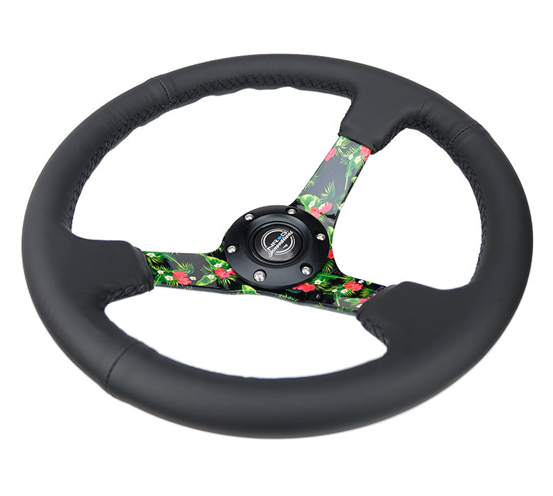 NRG Innovations - Reinforced Series Steering Wheel - Black Leather - Tropical Solid Spokes - NextGen Tuning