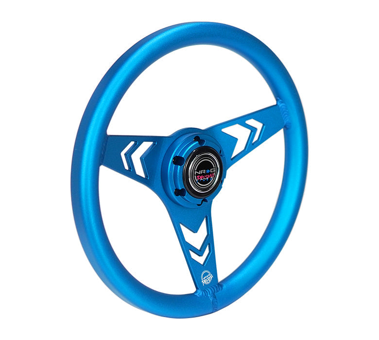 NRG Innovations x Prisma Lab - Aluminum Steering Wheel - Blue w/Arrow Cutout Spokes  - NextGen Tuning