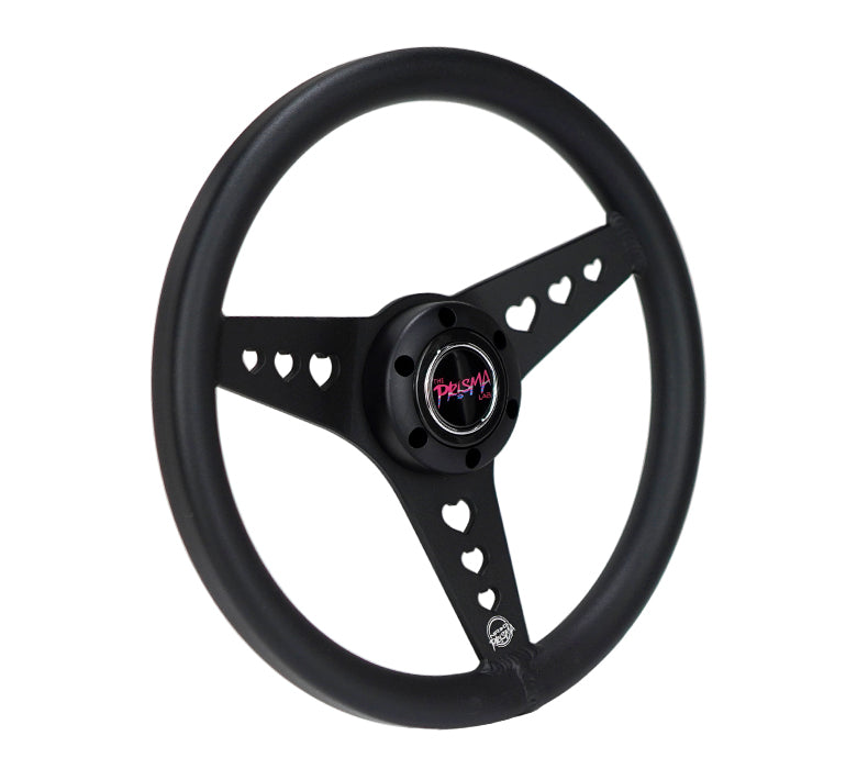 NRG Innovations x Prisma Lab - Aluminum Steering Wheel - Black w/Heart Cutout Spokes - NextGen Tuning