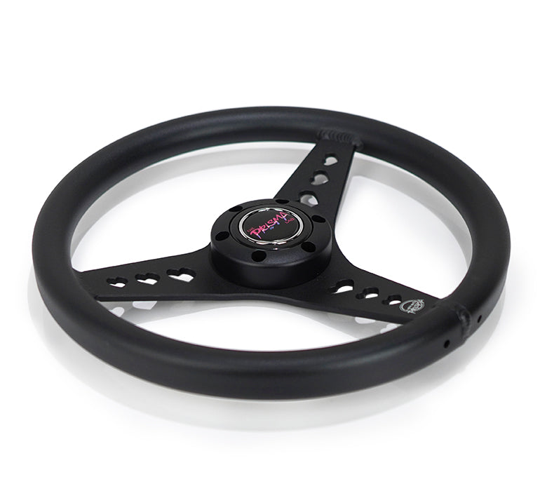 NRG Innovations x Prisma Lab - Aluminum Steering Wheel - Black w/Heart Cutout Spokes - NextGen Tuning
