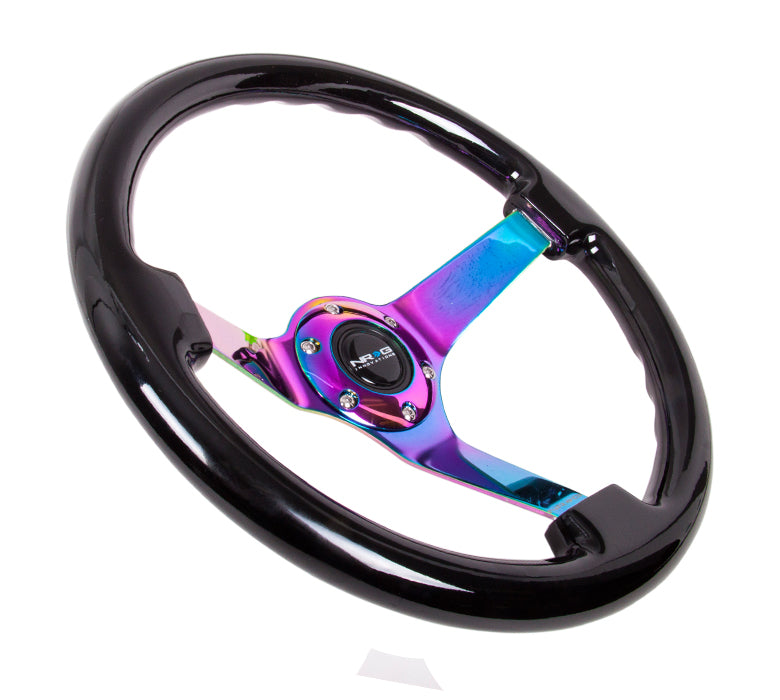 NRG Innovations - Reinforced Series Steering Wheel - Black Wood - Neochrome Solid Spokes - NextGen Tuning