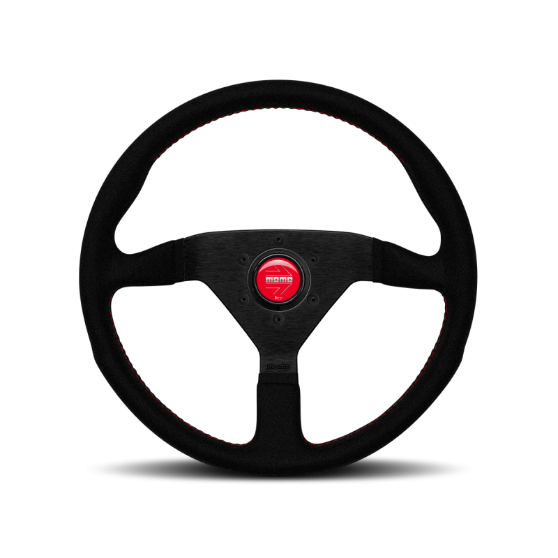 Momo - Monte Carlo Steering Wheel - Black Alcantara w/Red Stitch and Horn Button - Brush Black Anodized Spokes - NextGen Tuning