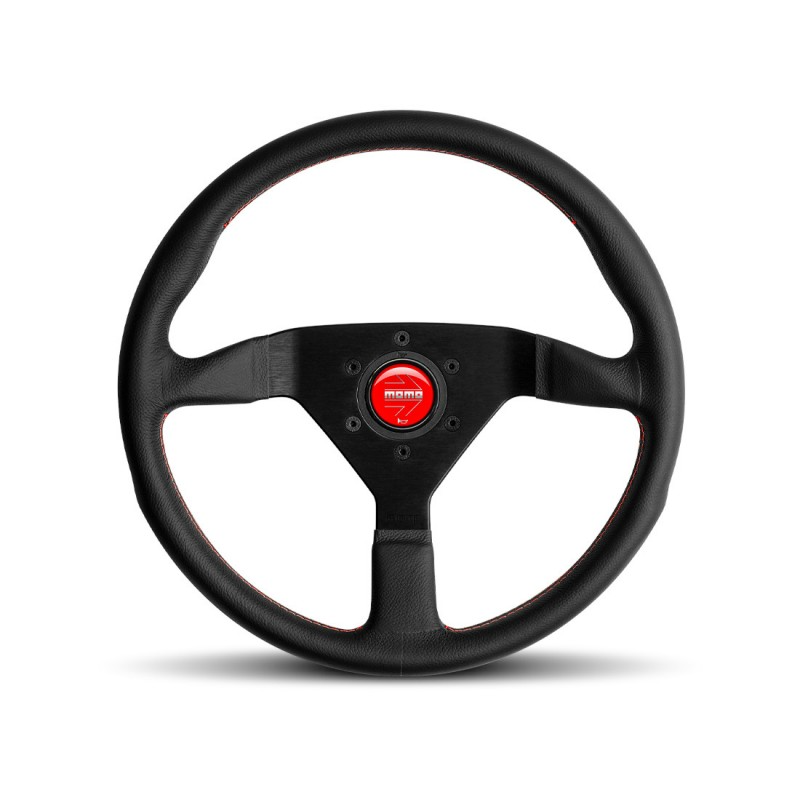 Momo - Monte Carlo Steering Wheel - Black Leather w/Red Stitch and Horn Button - Brush Black Anodized Spokes - NextGen Tuning