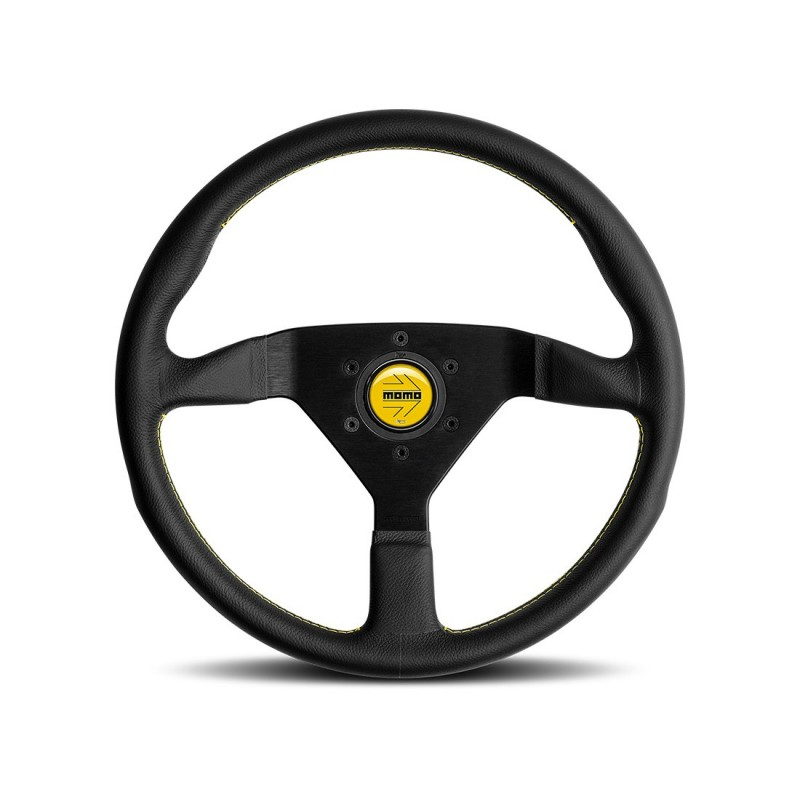 Momo - Monte Carlo Steering Wheel - Black Leather w/Yellow Stitch and Horn Button - Brush Black Anodized Spokes - NextGen Tuning