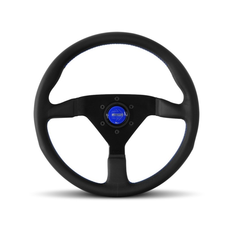 Momo - Monte Carlo Steering Wheel - Black Leather w/Blue Stitch and Horn Button - Brush Black Anodized Spokes - NextGen Tuning