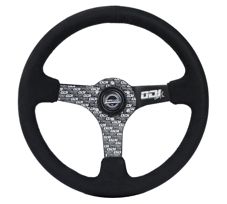 NRG Innovations - Reinforced Series Steering Wheel - Odi Bakchis Signature Edition - Black Alcantara w/Black Stitching - Printed Black Solid Spokes - NextGen Tuning