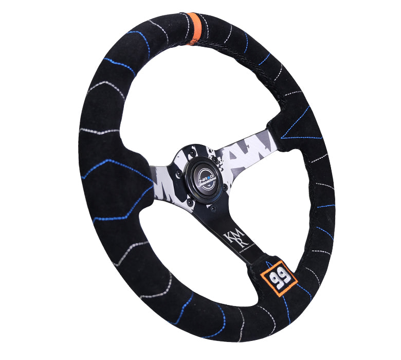 NRG Innovations - Reinforced Series Steering Wheel - Kyle Mohan Edition - Black Suede w/Color Stitching - Printed Black Solid Spokes - NextGen Tuning
