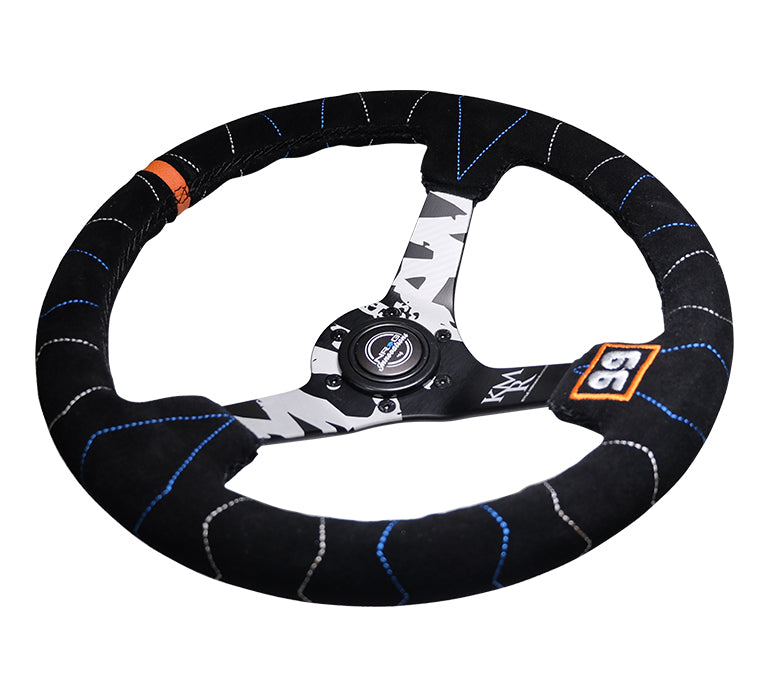 NRG Innovations - Reinforced Series Steering Wheel - Kyle Mohan Edition - Black Suede w/Color Stitching - Printed Black Solid Spokes - NextGen Tuning