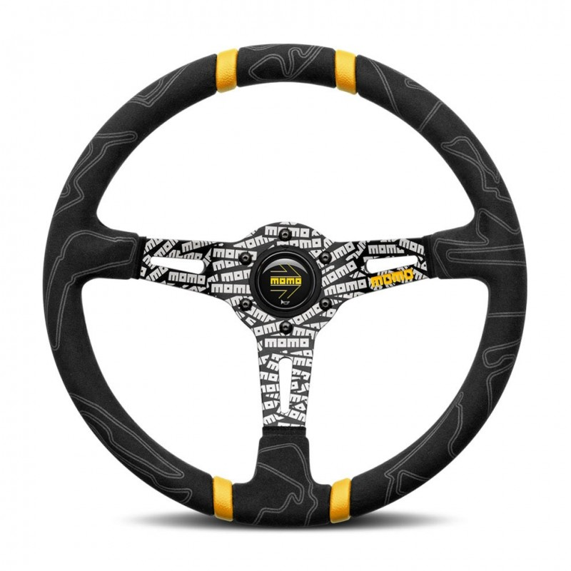 Momo - Ultra Steering Wheel - Black Alcantara w/Double Yellow Center Stripe - Black Anodized w/Logo Spokes - NextGen Tuning