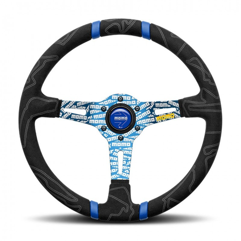 Momo - Ultra Steering Wheel - Black Alcantara w/Double Blue Center Stripe - Blue Anodized w/Logo Spokes - NextGen Tuning